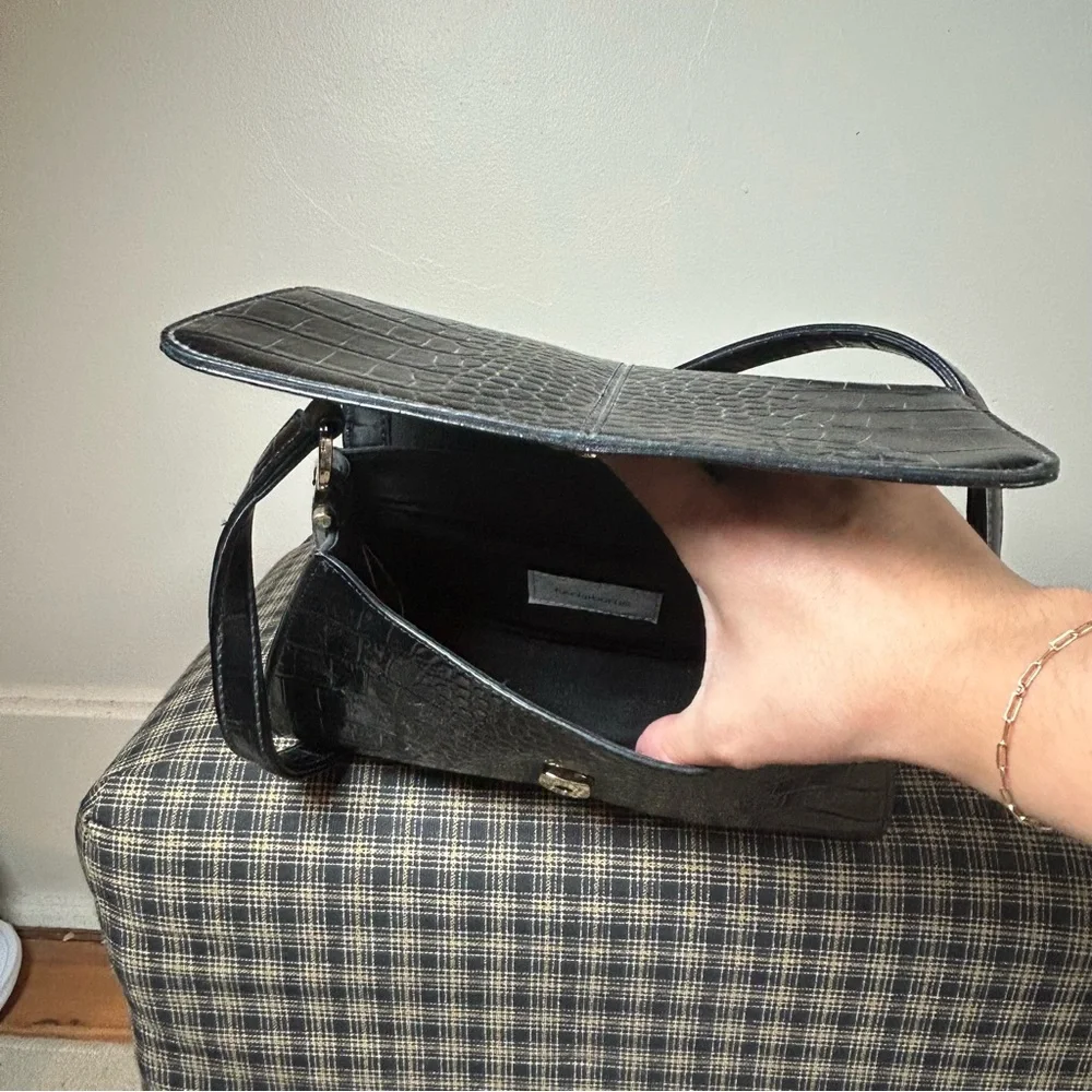 Black Croc Embossed Shoulder Bag Faux Leather Flap Closure Evening Purse‎ - Picture 6 of 6